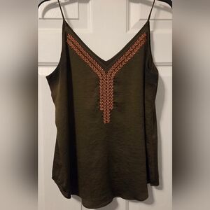 Express Olive Green Satin Cami Embroidered V-Neck Spaghetti Strap Top M EUC